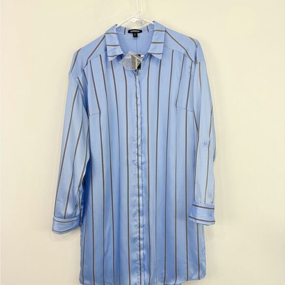 Express Dresses & Skirts - Express Light Blue Black Vertical Stripe Tab Sleeve Collared Shirt Dress NEW